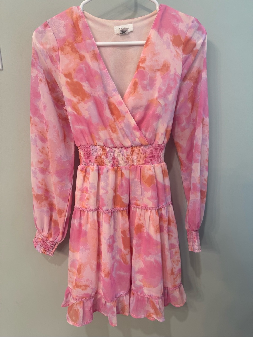 Japna Pink Watercolor Long Sleeve Tiered Mini Dress